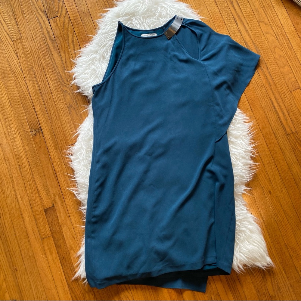 DONATED Halston Heritage | Asymmetrical High Neck Cocktail Dress | Teal Blue